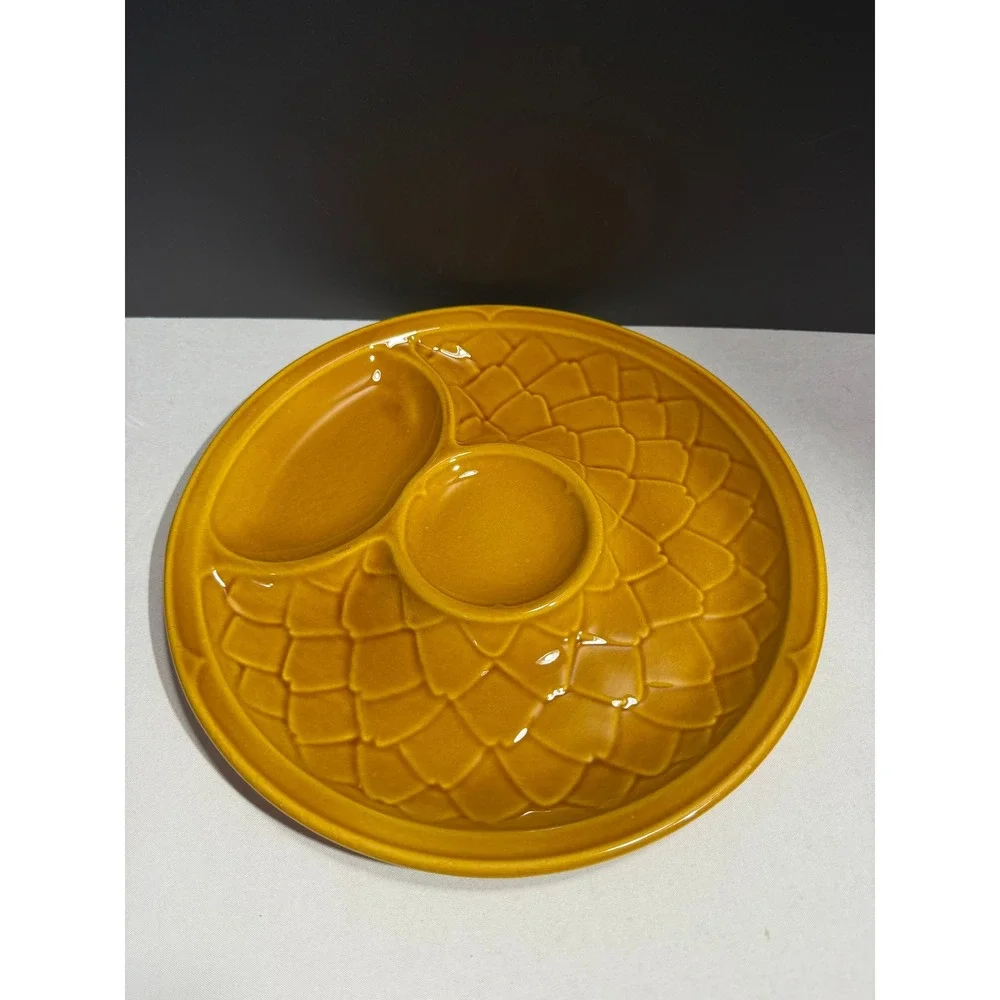 Vintage Salins France Artichoke Plate Mustard Yellow Ceramic Petal Serving Dish
